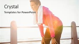  Presentation with music and sports - Slide set with lens flare grey - breathing sporty woman listening background and a sky blue colored foreground