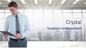  Presentation with tablets wood table tablet white - Slide deck enhanced with lens flare grey - businessman with tablet in cityscape background and a  colored foreground