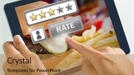  Presentation with review - Presentation design consisting of lens flare grey - hand touching tablet with rate background and a coral colored foreground