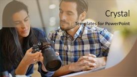  Presentation with camera - Slide deck featuring lense - photographer colleagues going through photos background and a coral colored foreground