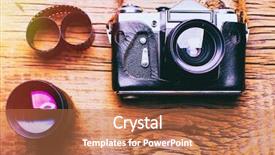  Presentation with vintage retro - Presentation design having lenses - old retro camera on vintage background and a coral colored foreground