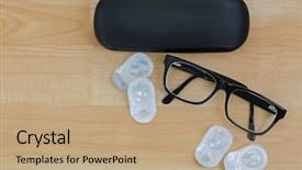  Presentation with glasses blurry eye chart - Amazing slide set having spectacles with black frame eye backdrop and a coral colored foreground