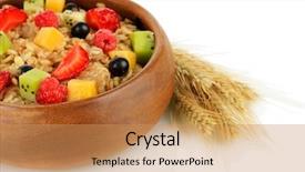  Presentation with fresh fruits salad on white - Theme having lenten - oatmeal with fruits isolated background and a coral colored foreground