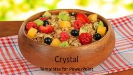  Presentation with bright - Presentation theme consisting of lenten - oatmeal with fruits on table background and a red colored foreground