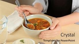  Presentation with soup - Audience pleasing PPT theme consisting of lentils - woman eating tasty lentil soup backdrop and a coral colored foreground