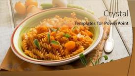  Presentation with lentils - Audience pleasing PPT theme consisting of lentils-pasta-with-yellow-tomatoes backdrop and a coral colored foreground