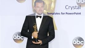  Presentation with press - Amazing PPT theme having leonardo-dicaprio-at-the-88th backdrop and a sky blue colored foreground