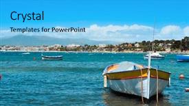  Presentation with fishing plastics bottles in the sea - Slide set with les - view of some fishing boats background and a cyan colored foreground