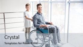  Presentation with wheelchair - Audience pleasing slides consisting of rehabilitating housing - little boy taking care backdrop and a light gray colored foreground