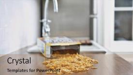  Presentation with cereal - Slide deck featuring inside box - spilled cereal on kitchen counter background and a coral colored foreground
