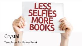  Presentation with tan book stack stacks of books - Presentation theme featuring less selfie more books card background and a sky blue colored foreground