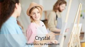  Presentation with art historical painting - Presentation design featuring lesson in studio of art background and a soft green colored foreground