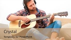  Presentation with guitar - Audience pleasing presentation theme consisting of lesson online - man on sofa playing backdrop and a coral colored foreground