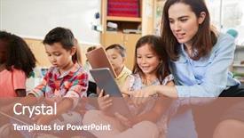  Presentation with elementary school career day and technology and black female teacher - PPT theme having lessons cross - teacher helps girl in elementary background and a coral colored foreground