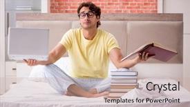  Presentation with test exam student - Presentation theme enhanced with lessons cross - young student studying in bed background and a soft green colored foreground