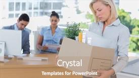  Presentation with sad - PPT theme enhanced with sad businesswoman leaving office after being let go holding box of belongings background and a coral colored foreground