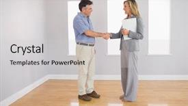  Presentation with realtor - Theme having lets shake - serious blonde realtor shaking background and a light gray colored foreground