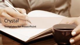  Presentation with writing education female writer - PPT theme consisting of letter pen - female hand writing background and a lemonade colored foreground