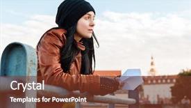  Presentation with cheerful stylish city girl using - Slide set enhanced with letter writing - dreamy stylish lady background and a tawny brown colored foreground