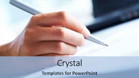  Presentation with pen - Beautiful slides featuring letterhead - close-up of business person hand backdrop and a light blue colored foreground