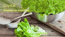  Presentation with lettuce - Presentation consisting of lettuce salad in metal bowl and spoons closeup on rustic wooden board background and a tawny brown colored foreground