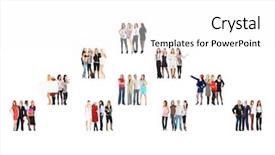  Presentation with five business people standing together and smiling - Presentation design consisting of level pyramid - achievement idea together we stand background and a  colored foreground