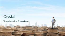  Presentation with stack of old books - Beautiful PPT theme featuring level success - young confident businessman with arms backdrop and a sky blue colored foreground