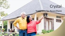  Presentation with property development apartment residential buildings - Slide set consisting of level up - happy elderly couple showing thumbs background and a sky blue colored foreground