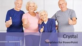  Presentation with seniors - Colorful theme enhanced with level up - happy group of seniors holding backdrop and a violet colored foreground