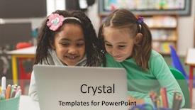  Presentation with school computer labs - Amazing slide deck having level view of two school backdrop and a light gray colored foreground