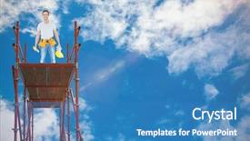  Presentation with spirit - Presentation theme with levels support - happy repairman holding spirit level background and a teal colored foreground