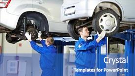  Presentation with auto repair - Presentation design featuring lever - auto mechanic at car suspension background and a teal colored foreground