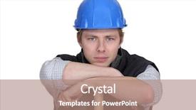  Presentation with charging gun man hands charging - Cool new slide deck with leverage - man leaning on sledge-hammer handle backdrop and a coral colored foreground