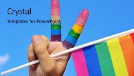  Presentation with rainbow flag - Colorful slide deck enhanced with lgbt community - hand making the v sign backdrop and a light blue colored foreground