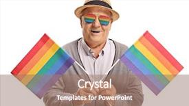  Presentation with lgbt community - Amazing PPT theme having lgbt community - mature man with rainbow flags backdrop and a coral colored foreground