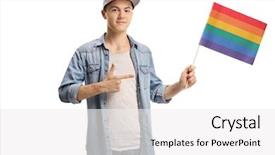  Presentation with lgbt community - Cool new PPT theme with lgbt community - young man holding a rainbow backdrop and a white colored foreground