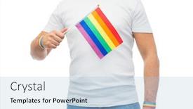  Presentation with lgbt pride flag rainbow flag - Presentation design enhanced with lgbt same-sex relationships and homosexual concept - close up of man wearing gay pride awareness wristbands holding rainbow flag background and a light blue colored foreground