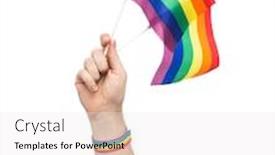  Presentation with rainbow pride - PPT theme consisting of lgbt same-sex relationships and homosexual concept - close up of male hand wearing gay pride awareness wristband holding rainbow flags background and a sky blue colored foreground