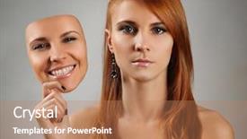  Presentation with mask - Audience pleasing theme consisting of liar - young woman holding happy mask backdrop and a coral colored foreground