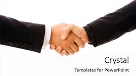  Presentation with shake hand - Beautiful PPT theme featuring liason - business men hand shake backdrop and a  colored foreground