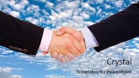  Presentation with shake hand - Amazing PPT theme having liason - business men hand shake backdrop and a light blue colored foreground