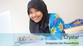  Presentation with worried young female college student - Slide set featuring liberated - young muslim female student background and a light blue colored foreground