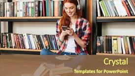  Presentation with smiling little girl - Cool new PPT theme with library and listening to music backdrop and a tawny brown colored foreground