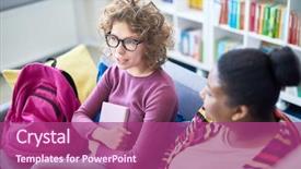  Presentation with mature students sitting at desks - PPT layouts with library and sharing ideas background and a  colored foreground