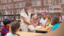  Presentation with pupils reading - Presentation design having library at the elementary school background and a coral colored foreground