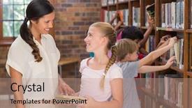  Presentation with elementary school career day and technology and black female teacher - Colorful slide set enhanced with library at the elementary school backdrop and a coral colored foreground