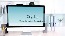  Presentation with computer - Colorful PPT theme enhanced with library cafe - computer with screensaver on table backdrop and a light blue colored foreground