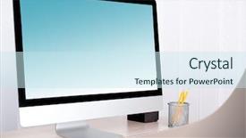  Presentation with cafe - PPT layouts featuring library cafe - computer with screensaver on table background and a sky blue colored foreground