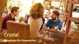  Presentation with group of students raising hands - Amazing PPT theme having library cafe - group of students talking backdrop and a  colored foreground