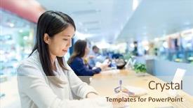  Presentation with feasibility study - Cool new PPT layouts with library cafe - woman taking note and study backdrop and a cream colored foreground